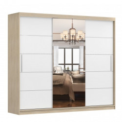 Schwebetürenschrank Kleiderschrank Schrank Garderobe Spiegel Alba (Sonoma/Weiß) + Spiegel und LED-Beleuchtung